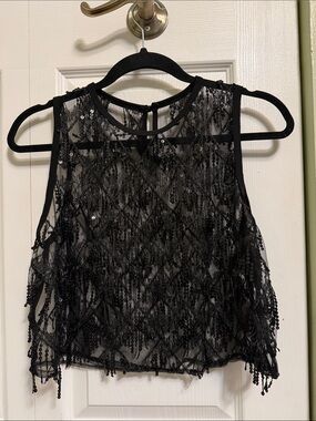 SHEIN Black Sequin Fringe Sheer Camisole Top